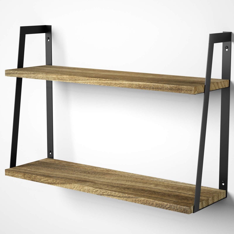 SRIWATANA Floating Wall Shelves, 2-Tier Rustic Wood Shelves for Bedoom, Bathroom, Living Room, Kitchen(Carbonized Black) - Image 1